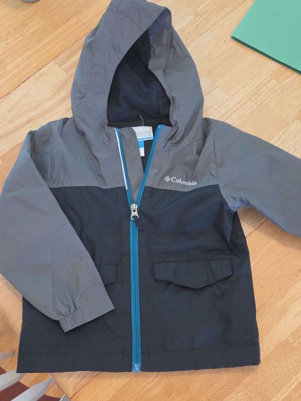 Columbia Kids Two-Tone Black & Gray Hooded Rain Jacket with Blue Zipper